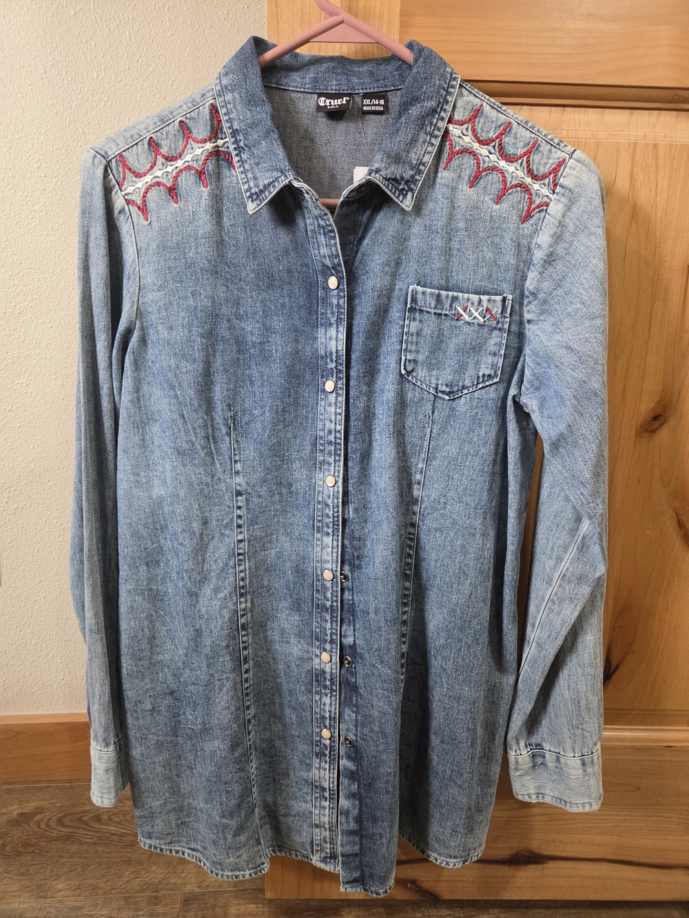 Cruel Girl Denim Button Up Shirt with Red Embroidery NWT